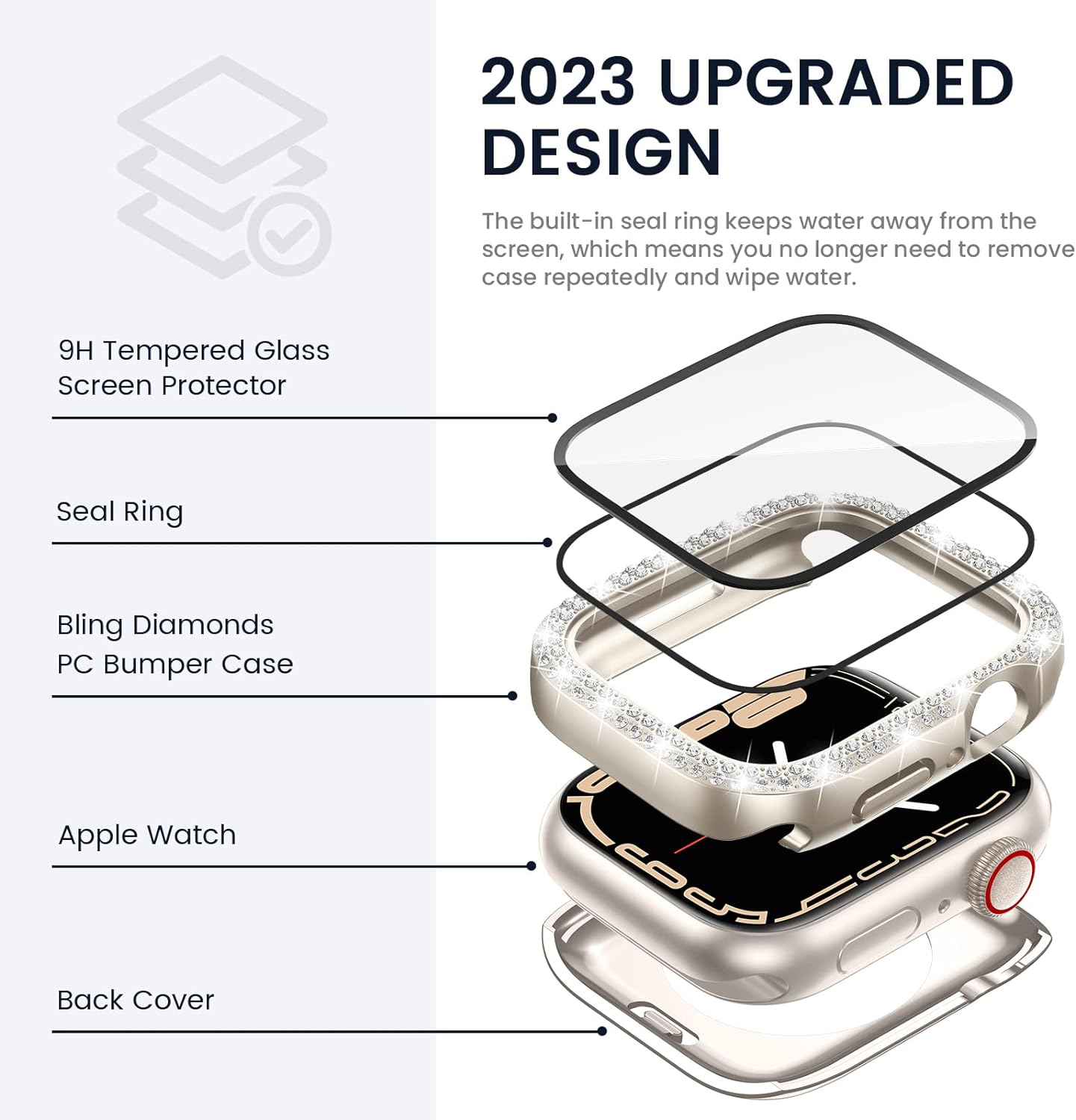 Tensea [2 in 1] for Waterproof Apple Watch Screen Protector Series 8 7 41mm Accessories, iWatch Hard Diamond Bumper Case Built-in Tempered Glass Film, Front & Back Bumper, Bling Face Cover Women - Image 3